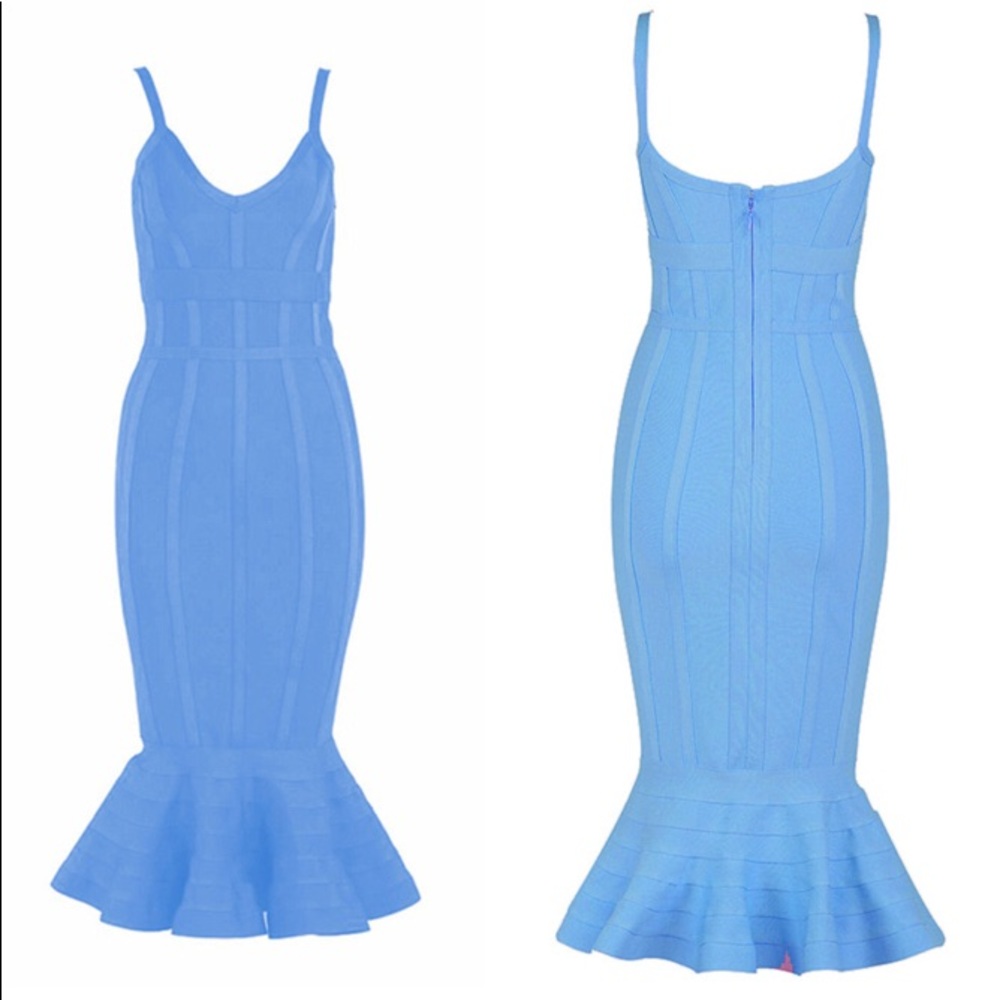 NWT S M bandage mermaid midi sky blue ruffle salsa - Picture 3 of 10